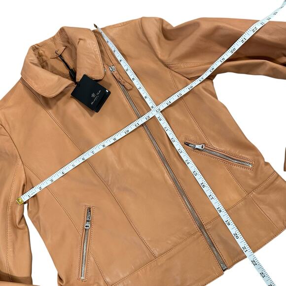 Massimo Dutti Tan Leather Moto Jacket size large NWT - Picture 3 of 9